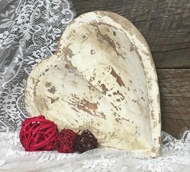 White Wood Heart Bread Dough Bowl, Rustic French Country Carved Centerpiece R