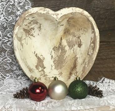 White Wood Heart Bread Dough Bowl, Rustic French Country Carved Centerpiece Q