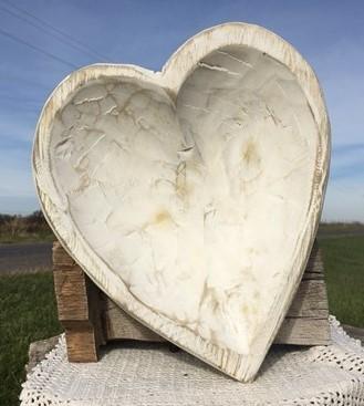 White Wood Heart Bread Dough Bowl, Rustic French Country Carved Centerpiece Z