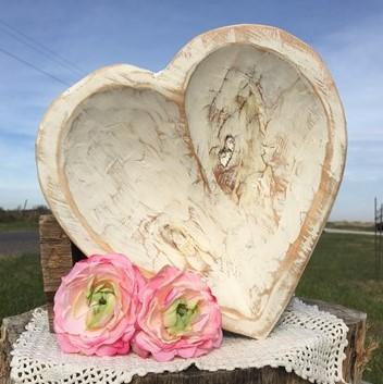 White Wood Heart Bread Dough Bowl, Rustic French Country Carved Centerpiece A1