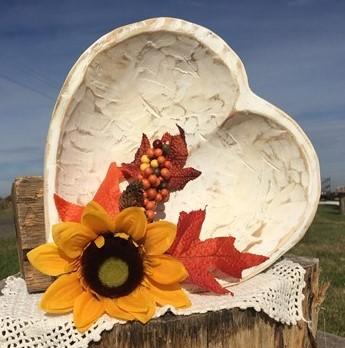 White Wood Heart Bread Dough Bowl, Rustic French Country Carved Centerpiece A2