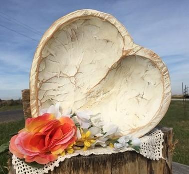 White Wood Heart Bread Dough Bowl, Rustic French Country Carved Centerpiece A3