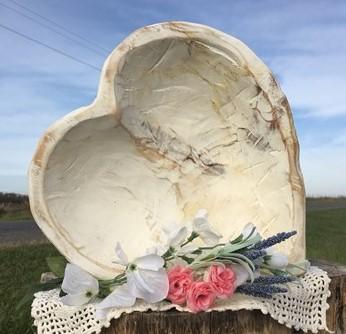 White Wood Heart Bread Dough Bowl, Rustic French Country Carved Centerpiece A4