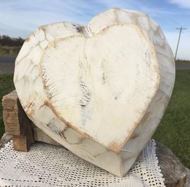 White Wood Heart Bread Dough Bowl, Rustic French Country Carved Centerpiece A4