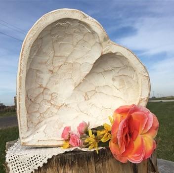 White Wood Heart Bread Dough Bowl, Rustic French Country Carved Centerpiece A5