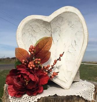 White Wood Heart Bread Dough Bowl, Rustic French Country Carved Centerpiece A6