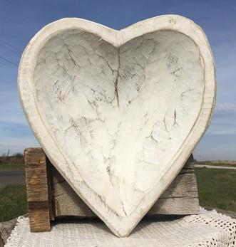 White Wood Heart Bread Dough Bowl, Rustic French Country Carved Centerpiece A6