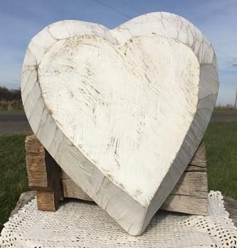 White Wood Heart Bread Dough Bowl, Rustic French Country Carved Centerpiece A6