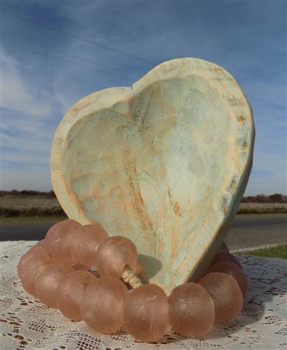 Seafoam Blue Green Mini Wood Heart Bowl, Rustic French Country Centerpiece B,