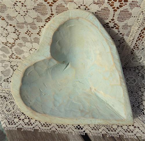 Seafoam Blue Green Mini Wood Heart Bowl, Rustic French Country Centerpiece A,