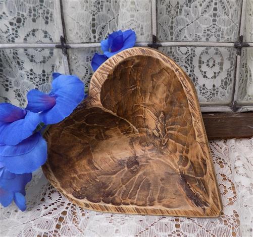 Mini Wooden Heart Bread Dough Bowl, Rustic French Country Carved Centerpiece Q,