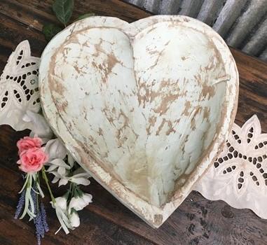 Seafoam Blue Green Wood Heart Bread Bowl., Rustic French Country Centerpiece C