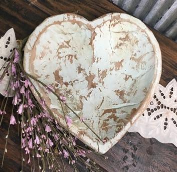 Seafoam Blue Green Wood Heart Bread Bowl., Rustic French Country Centerpiece E