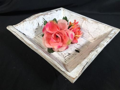 White Wood Square Bread Dough Bowl, Rustic French Country Carved Centerpiece I,