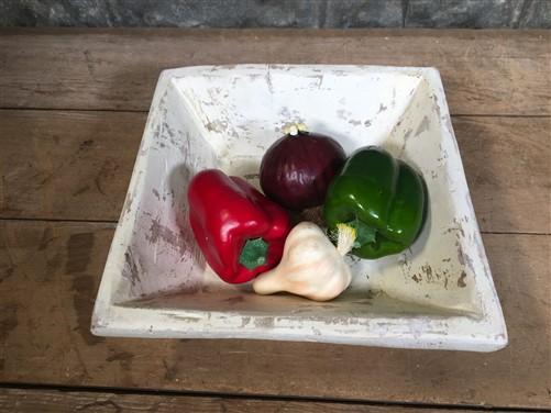 White Wood Square Bread Dough Bowl, Rustic French Country Carved Centerpiece V,