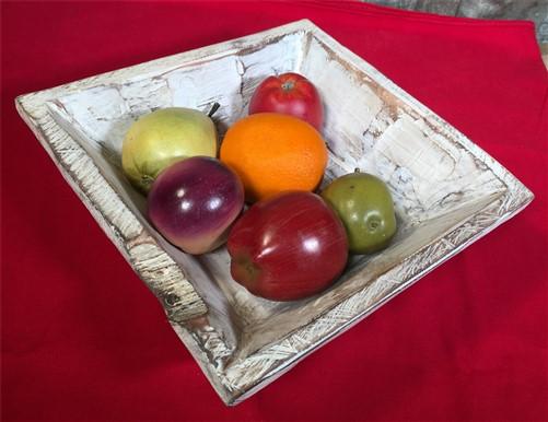 White Wood Square Bread Dough Bowl, Rustic French Country Carved Centerpiece K, Wood Bread Bowl, Wood Centerpiece, Rustic Farmhouse Decor