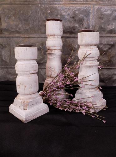 3 Painted White Wood Pillar Candlestick Holders, Mantel Decor, Table Centerpiece