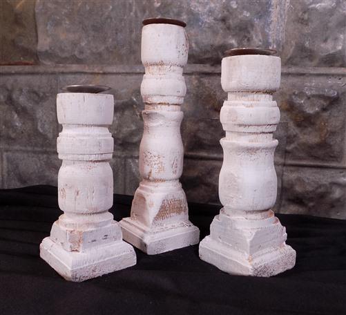 3 Painted White Wood Pillar Candlestick Holders, Mantel Decor, Table Centerpiece