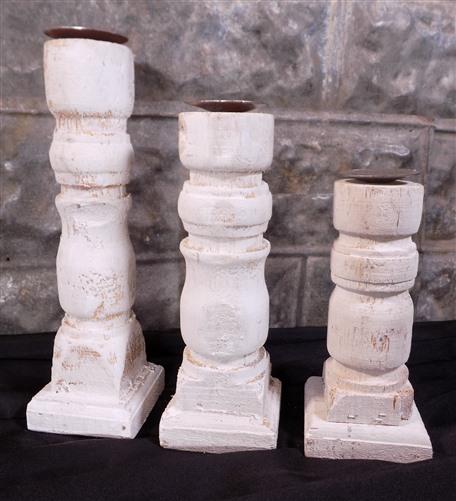 3 Painted White Wood Pillar Candlestick Holders, Mantel Decor, Table Centerpiece