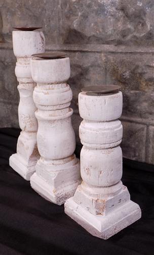 3 Painted White Wood Pillar Candlestick Holders, Mantel Decor, Table Centerpiece