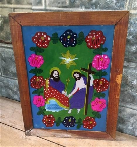 Reverse Glass Painting, Vintage Religious Icon, Hungary Folk Art Jesus Mary E,