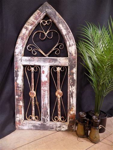 White Metal Heart Wood Window Frame, Arched Architectural Rustic Wall Decor A,