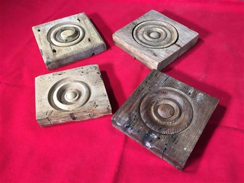 4 Plinth Blocks, Antique Bullseye Rosettes, Architectural Salvage, Wood Trim A87