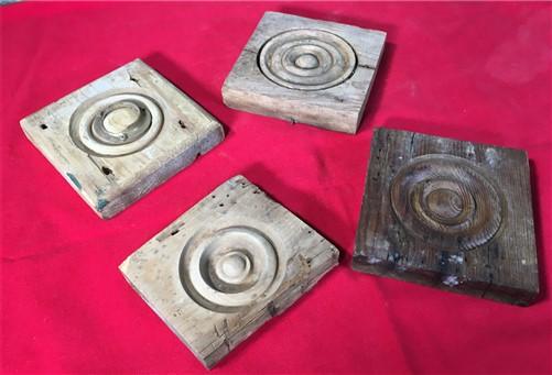 4 Plinth Blocks, Antique Bullseye Rosettes, Architectural Salvage, Wood Trim A87