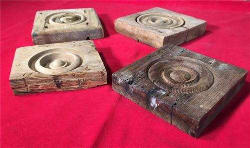 4 Plinth Blocks, Antique Bullseye Rosettes, Architectural Salvage, Wood Trim A87