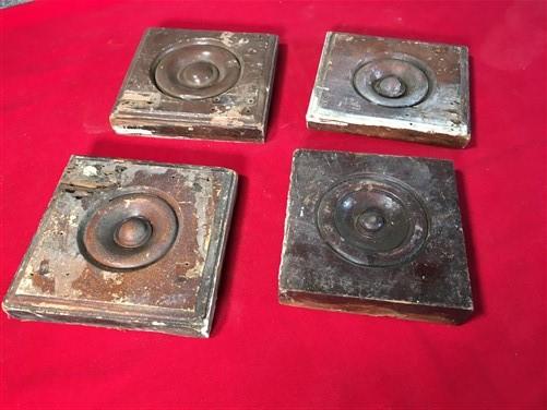 4 Plinth Blocks, Antique Bullseye Rosettes, Architectural Salvage, Wood Trim A88