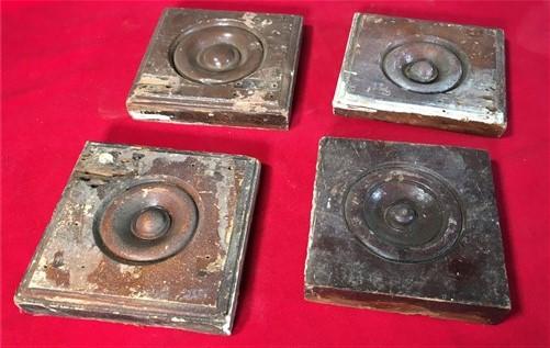 4 Plinth Blocks, Antique Bullseye Rosettes, Architectural Salvage, Wood Trim A88