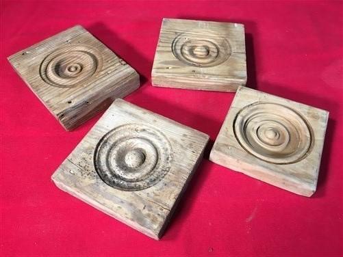 4 Plinth Blocks, Antique Bullseye Rosettes, Architectural Salvage, Wood Trim A92