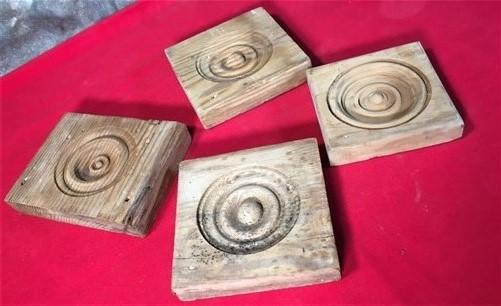 4 Plinth Blocks, Antique Bullseye Rosettes, Architectural Salvage, Wood Trim A92