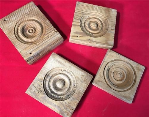 4 Plinth Blocks, Antique Bullseye Rosettes, Architectural Salvage, Wood Trim A92