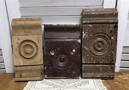 3 Plinth Blocks, Antique Bullseye Rosettes, Architectural Salvage, Wood Trim B19