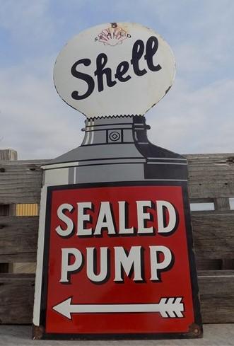 Shell Sealed Pump Sign, Shell Porcelain Metal Advertising, Gas Station Oil B