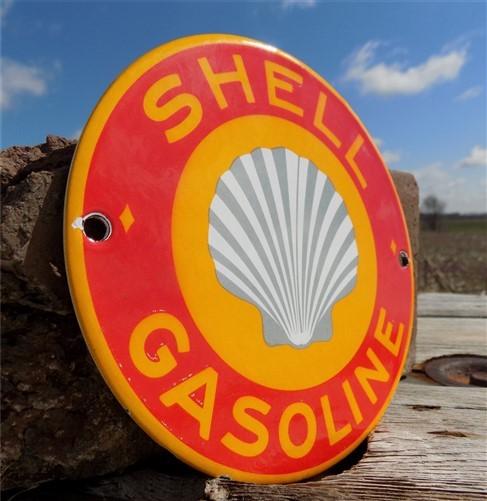 Shell Gasoline Sign, Metal Porcelain Advertising Sign, Gas Station Service Sign