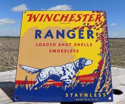 Winchester Ranger Shot Shells Sign, Metal Porcelain Advertising, Staynless Sign