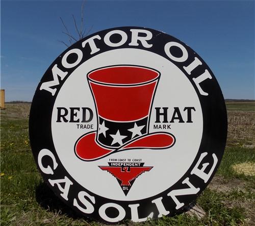 Red Hat Motor Oil Gasoline Sign, Double Sided Metal Porcelain Advertising Gas A