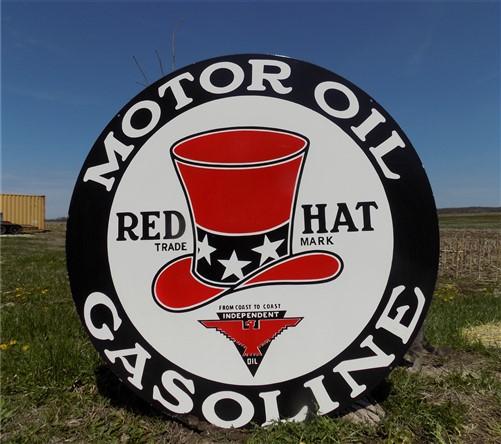 Red Hat Motor Oil Gasoline Sign, Double Sided Metal Porcelain Advertising Gas B