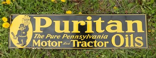 Puritan Motor & Tractor Oils Sign, Tin Advertising Sign, Pure Pennsylvania Sign