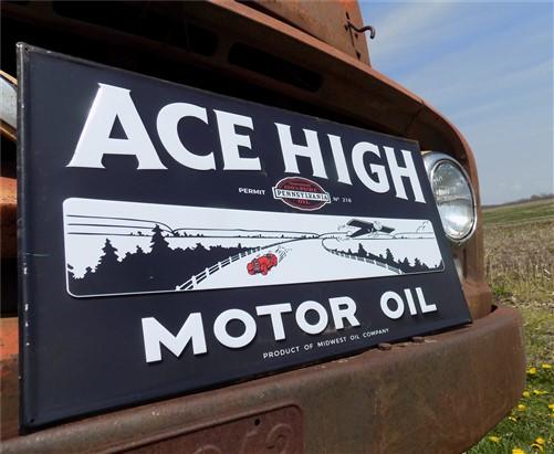 Ace High Motor Oil Sign, Tin Advertising Sign, Gas Station, Gasoline & Oil Sign