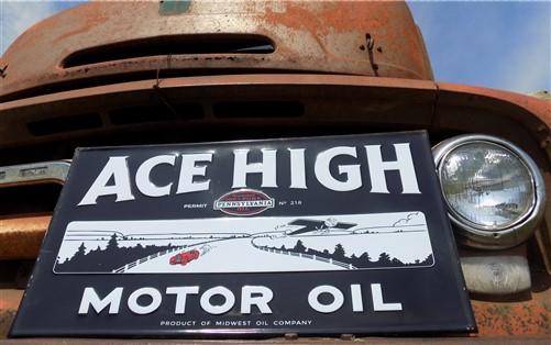 Ace High Motor Oil Sign, Tin Advertising Sign, Gas Station, Gasoline & Oil Sign