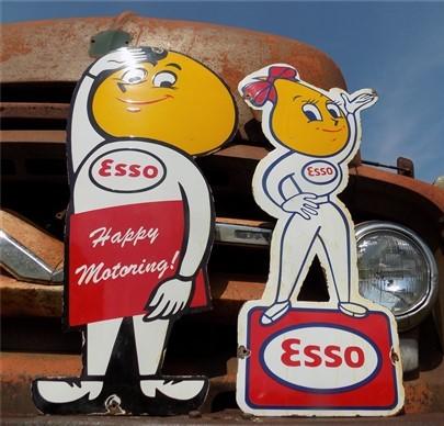 Esso Oil Drop Boy & Girl Motor Oil Signs, Porcelain Metal Advertising, Oil B