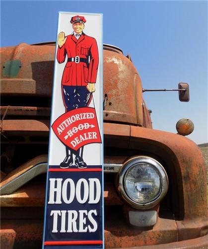 Hood Tires Sign, Tin Advertising, Gas Service Station Sign, Authorized Dealer B