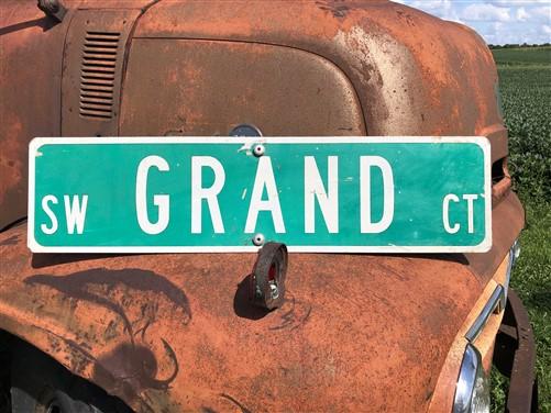 Grand Ct Street Sign, Vintage Green Road Sign, 36x9 Metal Wall Sign, Garage Art