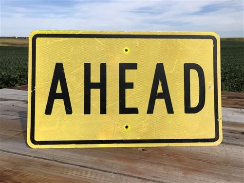 Ahead Reflective Yellow Street Sign, 30x18 Vintage Metal Road Sign, Garage Art