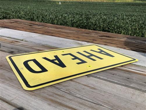 Ahead Reflective Yellow Street Sign, 30x18 Vintage Metal Road Sign, Garage Art