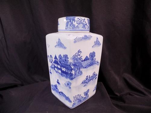 Square Blue Willow Ginger Jar, 12 Chinese Porcelain Decor, Asian Chinoiserie I,