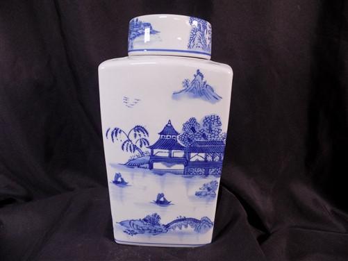 Square Blue Willow Ginger Jar, 12 Chinese Porcelain Decor, Asian Chinoiserie I,